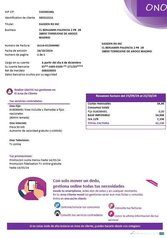 Download Spain ONO easy fillable business utility bill template in Word and PDF formats Photoshop template